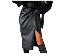 Jupe Longue en Similicuir pour Femme - Taille Haute Élastique, Crayon Fendue sur le Côté, Mi-longue, Moulante Sexy, Gainante, Stetrchy Slim Fit - Noir, 40