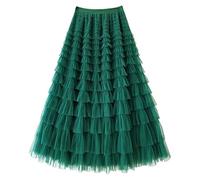 Jupe Longue en Tulle À Volants Superposés pour Femme, Plissée, Taille Haute, Élégante, Couleur Unie, Style Féerique, Idéale pour Une Soirée, Un Mariage Ou Une Invitée, Vert Foncé, Taille X