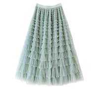 Jupe Longue en Tulle À Volants Superposés pour Femme, Plissée, Taille Haute, Élégante, Couleur Unie, Style Féerique, Idéale pour Une Soirée, Un Mariage Ou Une Invitée, Verte, Taille S