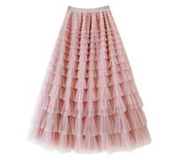 Jupe Longue en Tulle À Volants Superposés pour Femme, Plissée, Taille Haute, Élégante, Couleur Unie, Style Féerique, Rose, Taille M. Idéale pour Une Soirée, Un Mariage Ou Une Invitée.