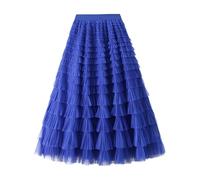 Jupe Longue en Tulle À Volants Superposés pour Femme, Plissée, Taille Haute, Élégante, Couleur Unie, Style Féerique, Idéale pour Une Soirée, Un Mariage Ou Une Invitée, Bleu Roi, Taille XL