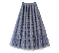 Jupe Longue en Tulle À Volants Superposés pour Femme, Plissée, Taille Haute, Élégante, Couleur Unie, Style Féerique, Idéale pour Une Soirée, Un Mariage Ou Une Invitée, Gris, Taille S