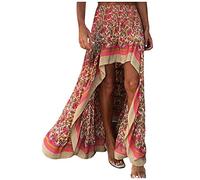 Jupe Longue Femme Boho Florale à Fentes Latérales avec Volants et Ourlet Bas pour Style Élégant et Swing (Red, L)