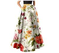 Jupe Longue Femme D'été Boheme Taille Haute Longue Maxi Jupe Bohême Taille Elastique Floral Skirt Chic Décontractée Vacances Été Plage Rétro Boho Imprimée Fleurie Jupe de Plage Fluide avec Poche
