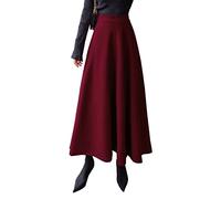 Jupe Longue Femme Hiver Vintage Élégant Taille Haute Carreaux Taille élastique Maxi Jupe Laine Chaud A-Line Plissée Jupe Casual Party C Red Wine XXXL