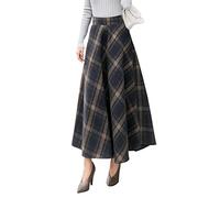Jupe Longue Femme Hiver Vintage Élégant Taille Haute Carreaux Taille élastique Maxi Jupe Laine Chaud A-Line Plissée Jupe Casual Party F Dark Blue L