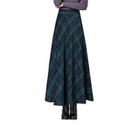 Jupe Longue Femme Hiver Vintage Élégant Taille Haute Carreaux Taille élastique Maxi Jupe Laine Chaud A-Line Plissée Jupe Casual Party E Green S