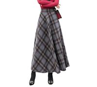 Jupe Longue Femme Hiver Vintage Élégant Taille Haute Carreaux Taille élastique Maxi Jupe Laine Chaud A-Line Plissée Jupe Casual Party F Grey M
