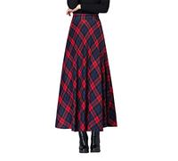 Jupe Longue Femme Hiver Vintage Élégant Taille Haute Carreaux Taille élastique Maxi Jupe Laine Chaud A-Line Plissée Jupe Casual Party E Red S