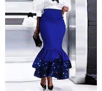 Jupe longue noire de style sirène grande taille, jupe longue élégante avec sequins et volants à l'ourlet, en tricot, pour les vacances au printemps 0XL,1XL,2XL,3XL,4XLImprimés aléatoiresTissu tricoté