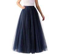 Jupe longue plissée - Avec ourlet long - Pour demoiselle d'honneur, mariage, fête, danse, soirée - Tulle - Couleur unie, bleu marine, taille unique