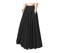 Jupe longue plissée de couleur unie pour femme, grande taille, taille haute, jupe trapèze fluide avec poches, Noir , 52