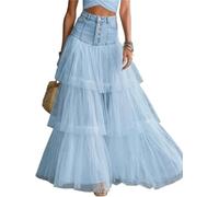 Jupe longue plusieurs niveaux tulle denim boutonnée sur devant taille haute