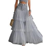 Jupe longue plusieurs niveaux tulle denim boutonnée sur devant taille haute