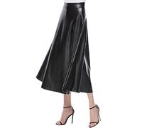 Jupe longue trapèze en similicuir pour femme, Noir , 40