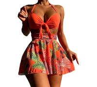 Jupe Maillots De Bain 3 Pièces Femmes Plage Boho Dos Nu Cou Floral Imprimé Sépare Bikini avec Armatures Plongeon, Orange, XL