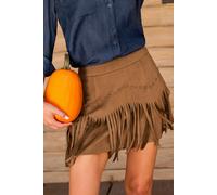 Jupe marron courte daim ourlet à frange Brun S