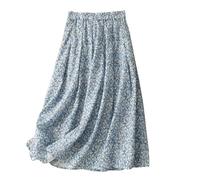 Jupe maxi en coton et lin pour femme - Jupe trapèze élégante - Jupe midi d'été décontractée - Imprimé floral - Taille haute - Cordon de serrage - Évasée - Style bohème - Pour danse, bal de fin d'année