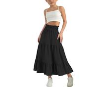 Jupe maxi plissée pour filles, jupe taille haute élastique, jupe à cordon de serrage, jupe d’été décontractée, jupe longue bohème vintage, jupe longue en lin, jupe midi, robe ajustée, Noir , 13-14 ans