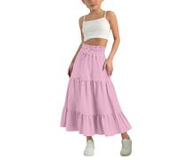 Jupe maxi plissée pour filles, jupe taille haute élastique, jupe à cordon de serrage, jupe d’été décontractée, jupe longue bohème vintage, jupe longue en lin, jupe midi, robe ajustée, rose, 9-10 ans