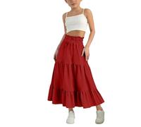 Jupe maxi plissée pour filles, jupe taille haute élastique, jupe à cordon de serrage, jupe d’été décontractée, jupe longue bohème vintage, jupe longue en lin, jupe midi, robe ajustée, Rouge, 9-10 ans
