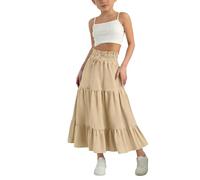 Jupe maxi plissée pour filles, jupe taille haute élastique, jupe d'été avec cordon de serrage, jupe décontractée, jupe longue en lin, jupe midi de style gitan vintage pour adolescentes, kaki, 13-14