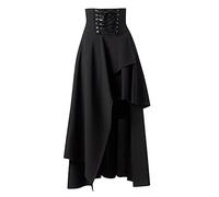 Jupe médiévale longue en coton pour femme - Jupe noire avec lacets - Jupe de renaissance victorienne steampunk Halloween Cosplay Swing Rock Maxi Jupe longue plissée - Grandes tailles, Noir , L
