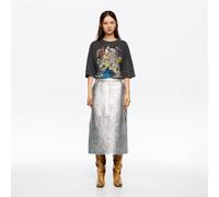 Jupe mi-longue cuir trapèze argentée 36