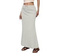 Jupe mi-longue décontractée pour femme, taille haute, cordon de serrage, taille élastique, fente dans le dos, pour le quotidien, le printemps et l'été, jupe solide basique, beige, M