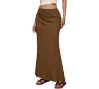 Jupe mi-longue décontractée pour femme, taille haute, cordon de serrage, taille élastique, fente dans le dos, pour le quotidien, le printemps et l'été, jupe solide basique, café, XL