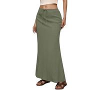 Jupe mi-longue décontractée pour femme, taille haute, cordon de serrage, taille élastique, fente dans le dos, pour le quotidien, le printemps et l'été, jupe solide basique, Vert, S