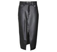 Jupe mi-longue en simili cuir noire unie avec une coupe droite fendue à l'avant M