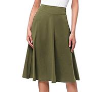 Jupe midi basique pour femme - Couleur unie - Taille haute - Coupe trapèze évasée - Longueur genou - Fermeture éclair - Jupe de travail plissée fluide, vert militaire, XL