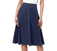 Jupe midi basique pour femme - Couleur unie - Taille haute - Coupe trapèze évasée - Longueur genou - Fermeture éclair - Jupe de travail plissée fluide, bleu marine, S