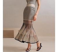 Jupe midi élégante et moderne de vacances en maille transparente à rayures, corolle, pour femmes. Jupe de soirée pour la Saint-Valentin, l'été L,M,SRayéLaine peignée
