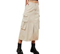 Jupe midi en jean fendue sur le devant avec poches, jupe crayon décontractée et ajustée, coupe ajustée, jupe en jean cargo taille haute fendue, kaki, Taille S