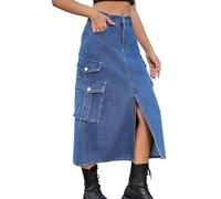 Jupe midi en jean fendue sur le devant avec poches, jupe crayon décontractée et ajustée, coupe ajustée, jupe en jean cargo taille haute fendue, bleu, Taille S