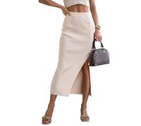 Jupe Midi en Tricot Côtelé, Fendue et Extensible pour Femmes Élégante Jupe Longue Taille Haute Mince (Color : Beige, Size : M)