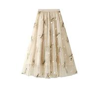 Jupe midi en tulle pour femme - Libellule superposée - Élastique - Coupe trapèze - Confortable et tendance - Jupe plissée en mousseline de soie avec décoration florale - Jupe midi longue tutu, O beige