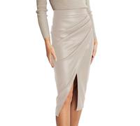 Jupe midi pour femme en simili cuir taille haute fente avant fermeture éclair arrière froncée moulante longue jupe de club d'automne, beige, XL