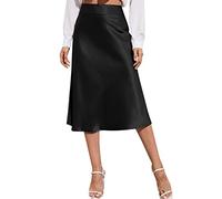 Jupe midi pour femme - Ligne A - Taille haute - Robe en satin solide - Fermeture éclair - Élégante jupe d'été - Étui pour femme, Noir , M