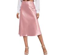 Jupe midi pour femme - Ligne A - Taille haute - Robe en satin solide - Fermeture éclair - Élégante jupe d'été - Étui pour femme, Rose, XS
