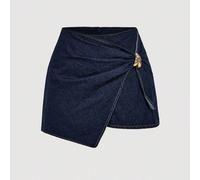 Jupe mini en jean asymétrique avec décoration métallique pour femmes grandes tailles, jupe mini en jean foncé chic pour femmes, jupe élégante de style casual avec détail d'anneau doré pour tous les jo