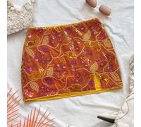Jupe mini fendue à taille basse, style western vintage, ornée de broderies et de paillettes orange, pour une soirée romantique en vacances L,M,S,XL,XSTribal,Coutume populaireSequins