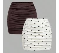 Jupe mini froncée chic pour femmes avec options marron chocolat, noir à pois et unie, 2 pièces jupe moulante sexy décontractée pour soirée d'automne et fête L,M,S,XL,XS,XXL,XXS,XXXL,XXXXLGéométriqueTi
