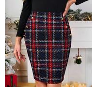 Jupe moulante élégante à boutons métalliques et à carreaux pour femmes, nouvelle collection automne-hiver, Noël L,M,S,XLNoëlTissu tricoté