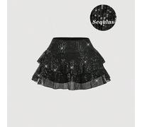 Jupe noire à sequins superposés grande taille, ourlet multicouche, convient pour les fêtes, les bals, les anniversaires, le printemps/été 0XL,1XL,2XL,3XL,4XLImprimés aléatoiresTissu tricoté