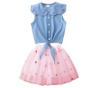 Jupe pailletée pour enfants été version coréenne du commerce extérieur vêtements pour enfants filles denim brodé top princesse jupe en maille deux pièces ensemble hawaïen filles, Rose, 7-8 ans