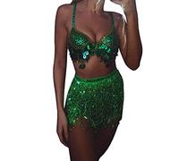 Jupe Paillette Femme,Haut Paillettes Femme,Danse Du Ventre,Crop Top,Carnival Costume,Belly Dance Costume,Top Festival,Rave,Jupe Paillette,À Franges,Tailleurs-Jupes,Tenue Coachella,Brillante,vert