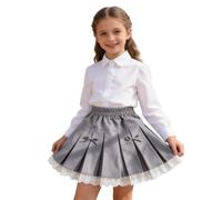 Jupe plissée à nœud Papillon en Dentelle Style écolière pour Filles - Élégante Jupe Courte trapèze Semi-Formelle avec détails délicats (Grey, 10-11 Years)